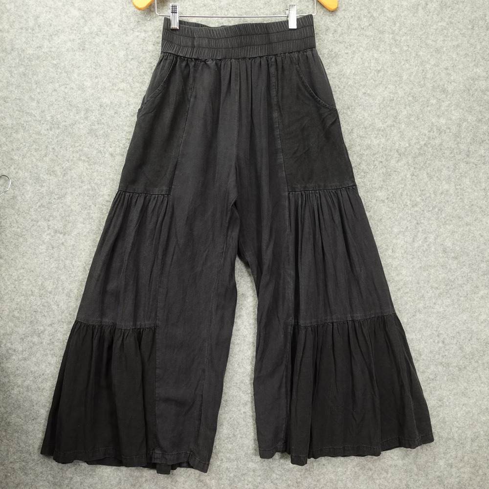 Black Wide Leg Palazzo Pants Womens S M Tiered Smocked Waist Boho Festival 26x27